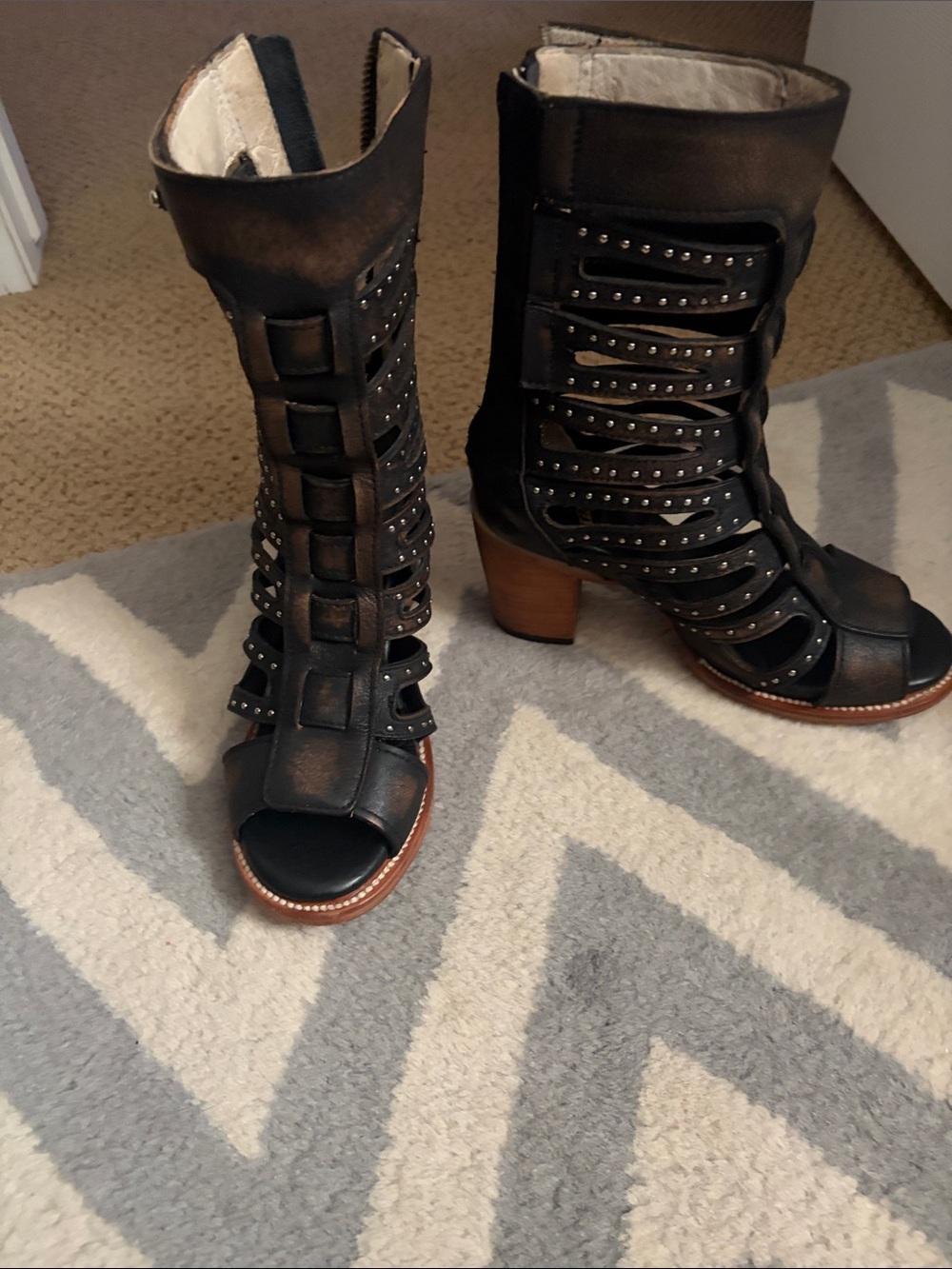 Freebird by Steven Black Studded Open-Toe Mid Heel Booties